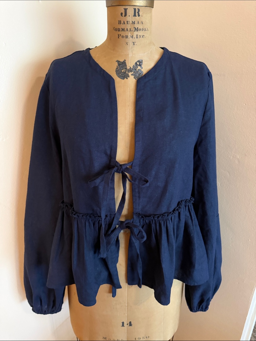Avec Les Filles Navy Linen Blend Tie Front Peplum Top Jacket M